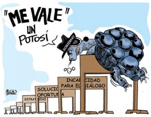 A tortoise, representing the Bolivian government, attempts to climb over various hurdles.